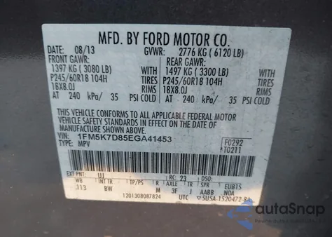 2014 Ford Explorer Xlt из США, поврежденный, VIN 1FM5K7D85EGA41453